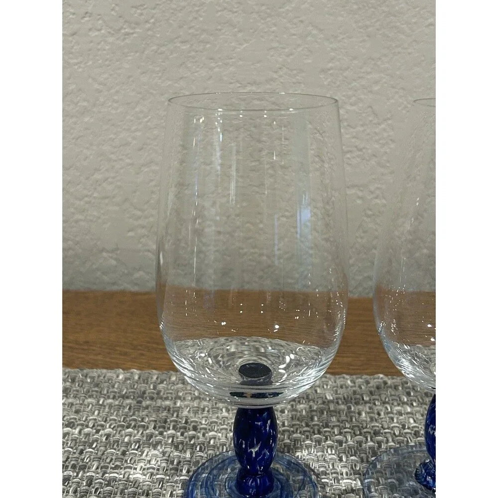 Hand Blown Glass Wine Glasses Cobalt Blue Swirl Speckled Stems Set Of 3 Ht 8.5